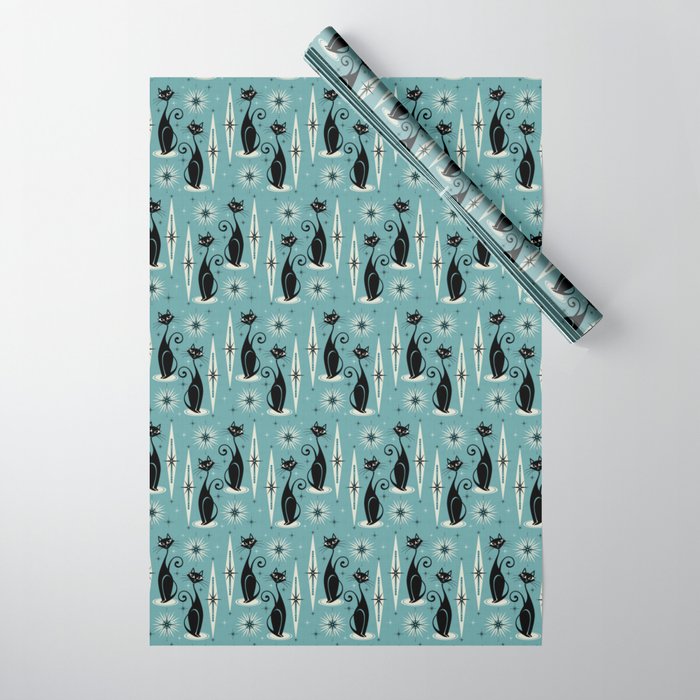 Mid Century Meow Retro Atomic Cats on Blue Wrapping Paper