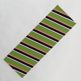 [ Thumbnail: Eyecatching Green, Light Coral, Black, Beige, and Dark Blue Colored Lined/Striped Pattern Yoga Mat ]