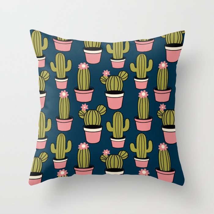 Hand Drawn Cactus Pattern - Navy Throw Pillow