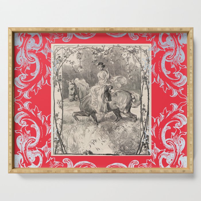 LADY IN RED.  The Girl Riding a Horse - Vintage Illustration  Serving Tray