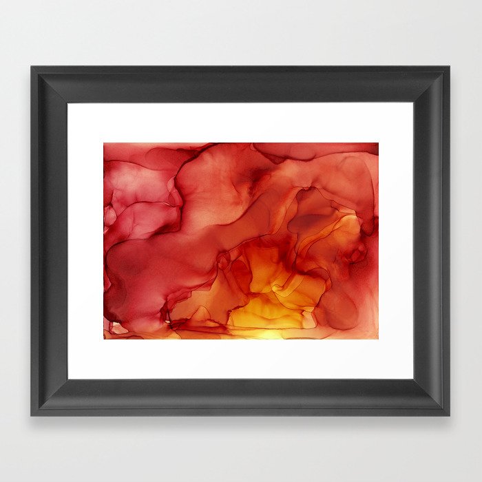 Red Sunset Abstract Ink Painting Red Orange Yellow Flame Framed