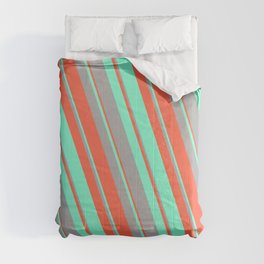 [ Thumbnail: Red, Aquamarine, and Dark Grey Colored Lined/Striped Pattern Comforter ]
