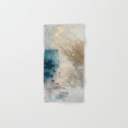 Embrace: a minimal, abstract mixed-media piece in blues and gold with a hint of pink Hand & Bath Towel