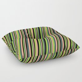 [ Thumbnail: Green, Dark Slate Gray, Light Salmon & Black Colored Stripes Pattern Floor Pillow ]