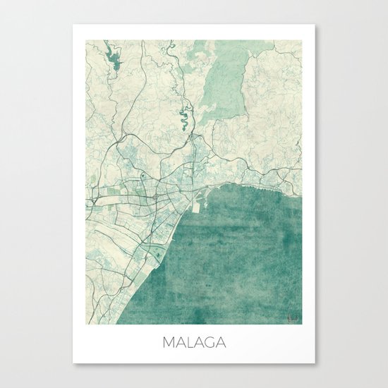 Malaga Map Blue Vintage Canvas Print