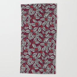 Holly berry, gray leaves on dark red Beach Towel