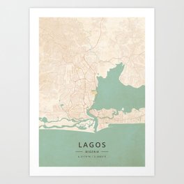 Lagos, Nigeria - Vintage Map Art Print