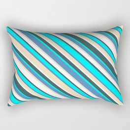[ Thumbnail: Eye-catching Blue, Tan, White, Dark Slate Gray, and Cyan Colored Lined/Striped Pattern Rectangular Pillow ]
