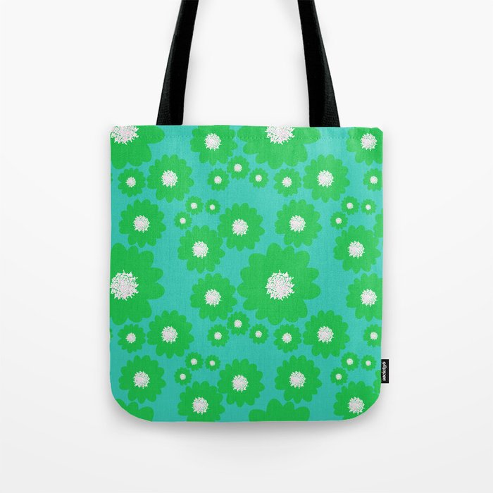 Retro Modern Green 70’s Flowers On Turquoise Tote Bag