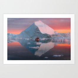 Iceberg and Boat Reflected At Sunset Art Print