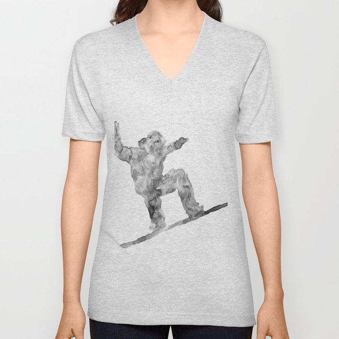 Black and white snowboard art print watercolor  V Neck T Shirt
