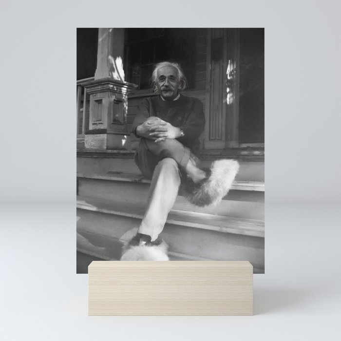 Funny Einstein in Fuzzy Slippers Classic Black and White Satirical Photography - Photographs Mini Art Print