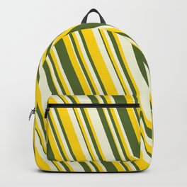 [ Thumbnail: Yellow, Dark Olive Green & Beige Colored Striped Pattern Backpack ]