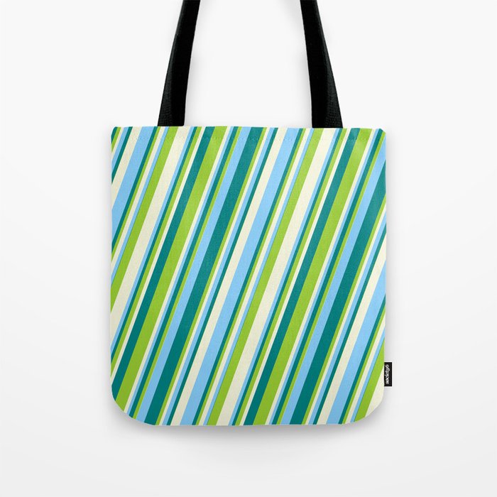Teal, Green, Beige & Light Sky Blue Colored Stripes/Lines Pattern Tote Bag