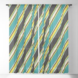 [ Thumbnail: Dark Cyan, Beige, Black, and Yellow Colored Lines/Stripes Pattern Sheer Curtain ]