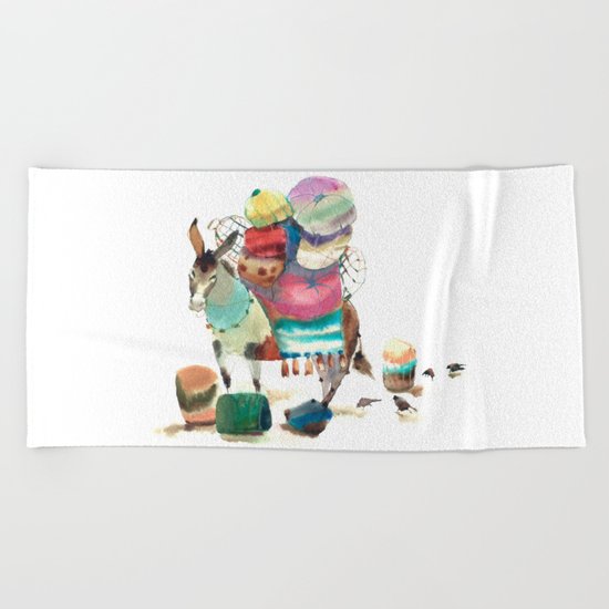 Watercolor cute donkey kids illustration Beach Towel