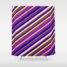[ Thumbnail: Pale Goldenrod, Brown, Dark Violet & Blue Colored Lined Pattern Shower Curtain ]