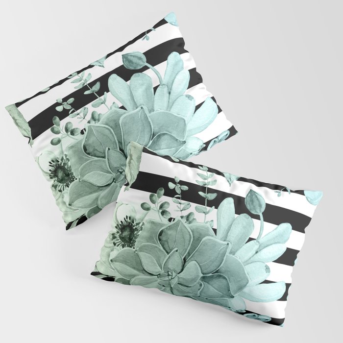 Succulents in the Garden Teal Blue Green Gradient with Black Stripes Pillow Sham