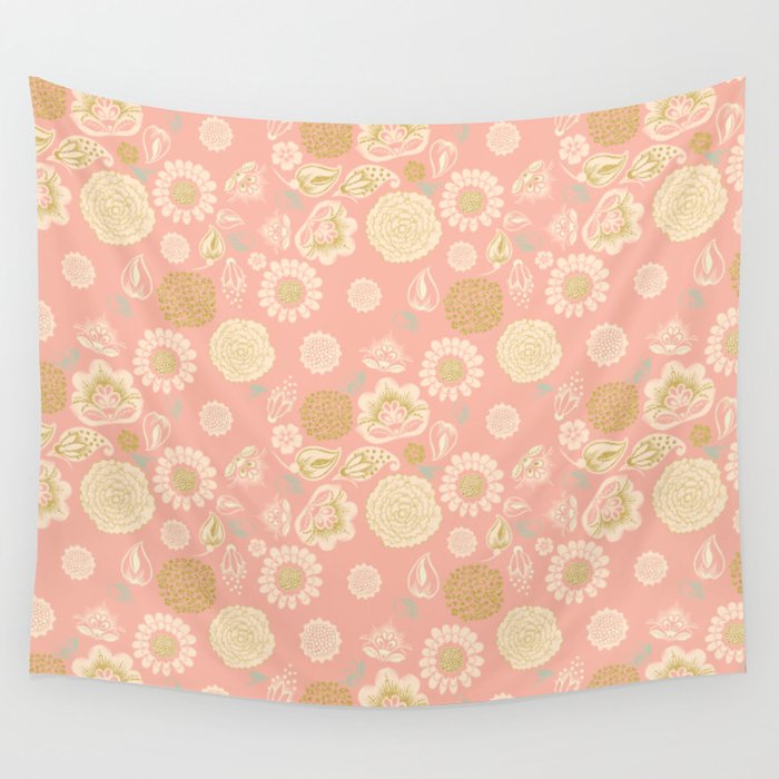 Blush pink spring meadow wild flowers with gold glitter blooms Wall Tapestry