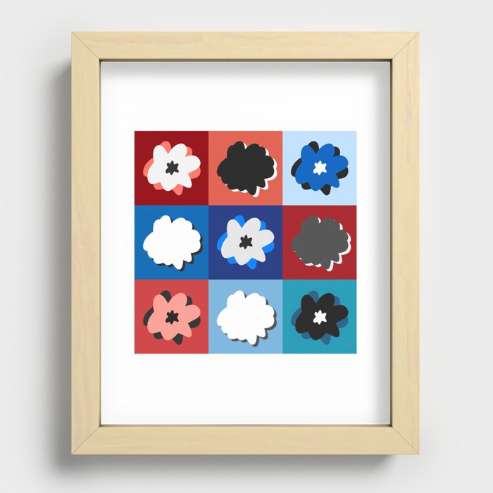 Retro abstract flowers with checked grid (red and blue) Recessed Framed Print