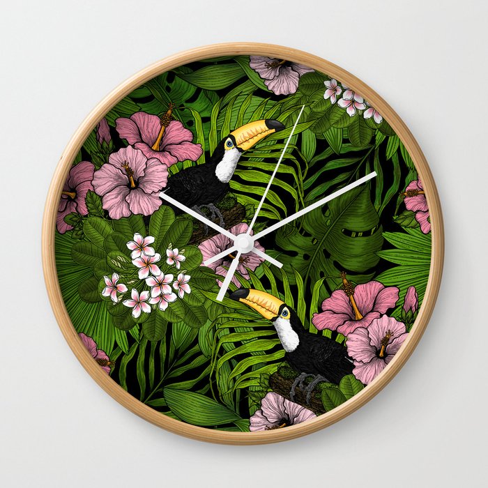 Toucans and tropical flora, green and pink Wall Clock