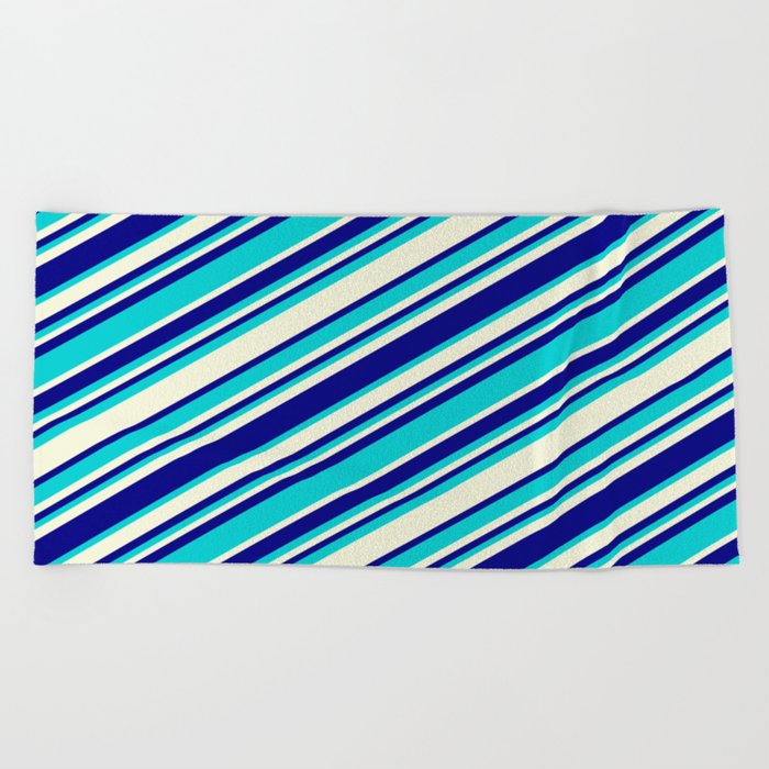 Beige, Blue & Dark Turquoise Colored Striped/Lined Pattern Beach Towel