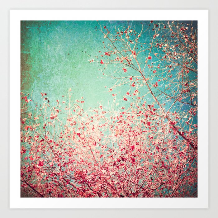 Blue Autumn Pink Leafs On Blue Turquoise Green Aqua