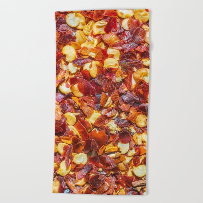 Red Hot Pepper Chili Flakes, Spicy Food Photograph Pattern Beach Towel