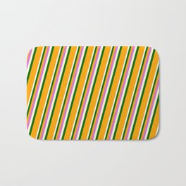 [ Thumbnail: Orchid, Light Yellow, Dark Green & Orange Colored Striped/Lined Pattern Bath Mat ]