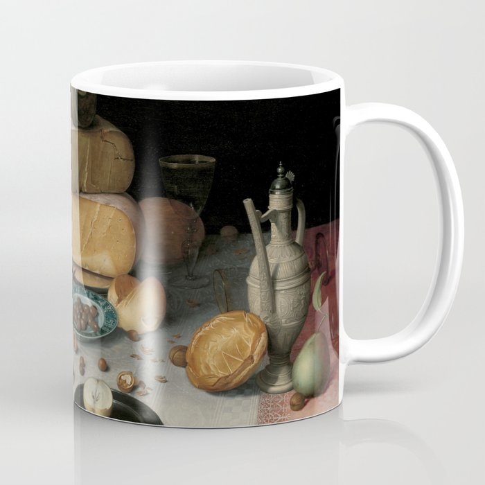 Still Life with Cheese, grapes, wine, bread and more. Finest art from the 17th century. Coffee Mug