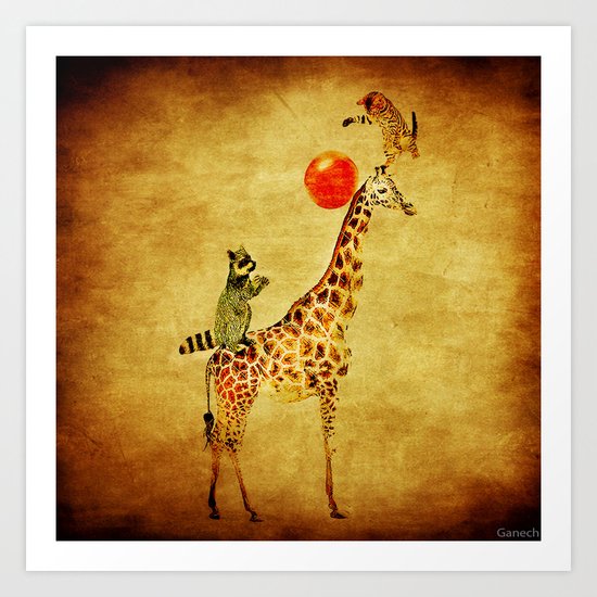 By playing on the giraffe Art Print