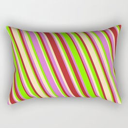 [ Thumbnail: Green, Beige, Orchid, and Red Colored Lined Pattern Rectangular Pillow ]