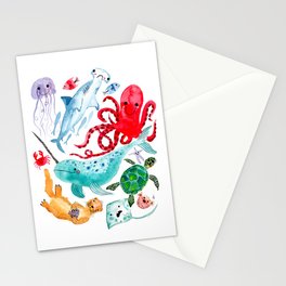 Ocean Creatures - Sea Animals Characters - Watercolor Stationery Card