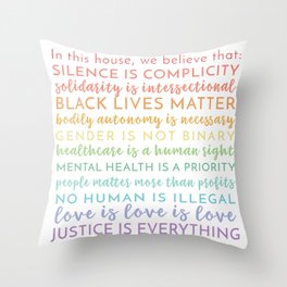 In this house we believe / Square Physical Print / Black Lives Matter / BLM / LGBTQIA Advocacy / Silence is Complicity Rainbow / Yard Sign Throw Pillow