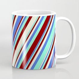 [ Thumbnail: Royal Blue, Aquamarine, Maroon & Beige Colored Striped Pattern Coffee Mug ]