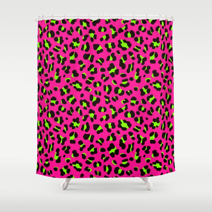 80s Neon Pink and Lime Green Leopard Shower Curtain