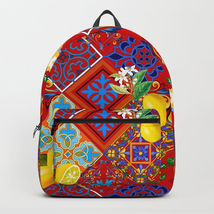 Tiles,mosaic,azulejo,quilt,Portuguese,majolica,lemons,citrus. Backpack