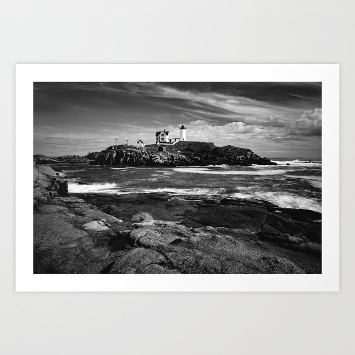York Maine's Cape Neddick Light Station In Black and White Art Print by