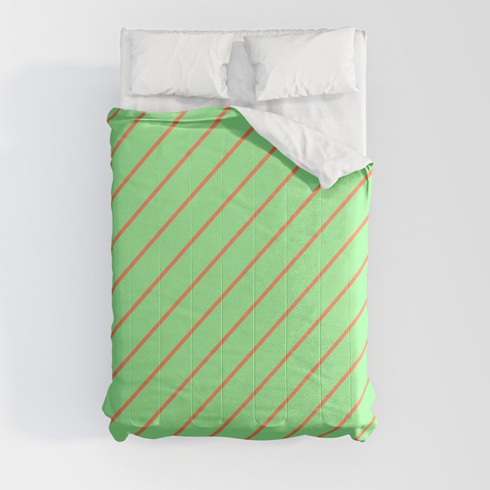 Coral & Green Colored Lined/Striped Pattern Comforter