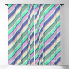 [ Thumbnail: Eyecatching Beige, Green, Dark Blue, Sea Green, and Orchid Colored Lines/Stripes Pattern Sheer Curtain ]