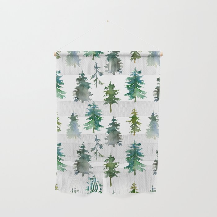 White Snowy Winter Mountains And Trees Watercolor Landscape Pattern Wall Hanging