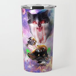 Giant Space Cat Firing Laser Eye At Panda Red Travel Mug
