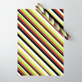 [ Thumbnail: Eye-catching Tan, Green, Red, Black & White Colored Striped/Lined Pattern Wrapping Paper ]