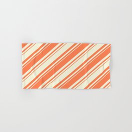 [ Thumbnail: Coral and Beige Colored Lined/Striped Pattern Hand & Bath Towel ]