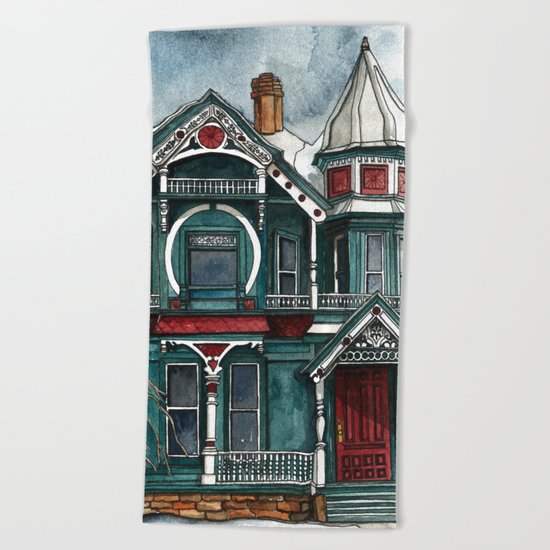 Blue House on a Grey Day Beach Towel