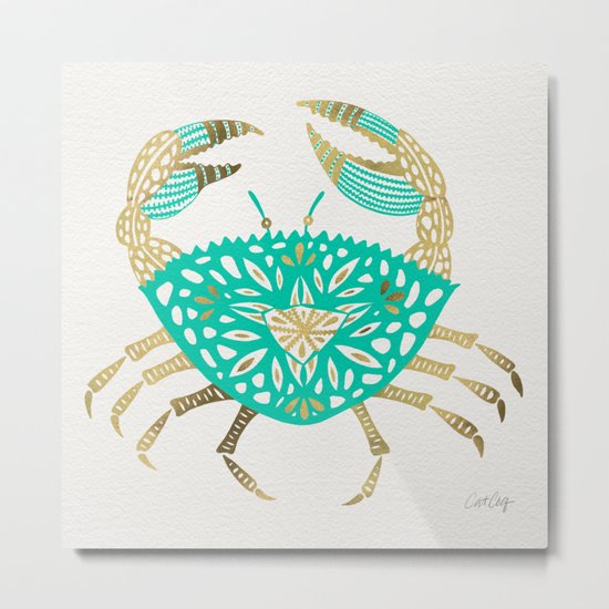 Crab – Turquoise & Gold Metal Print