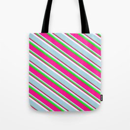 [ Thumbnail: Lime, Deep Pink, White & Light Blue Colored Pattern of Stripes Tote Bag ]