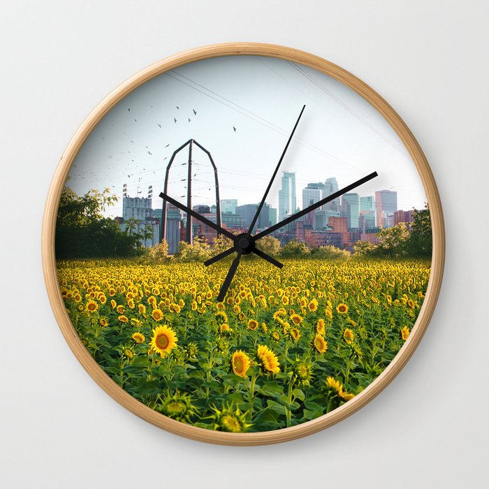Minneapolis Minnesota Skyline and Sunflowers Wall Clock