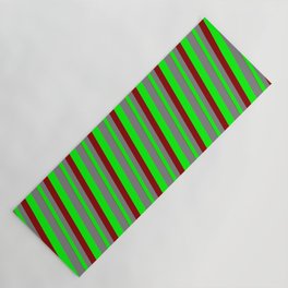 [ Thumbnail: Dark Red, Lime, and Gray Colored Stripes Pattern Yoga Mat ]