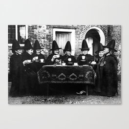 Humorous witches council of old ugly witches having tea and spells vintage black and white portrait photograph - photography - photographs Canvas Print